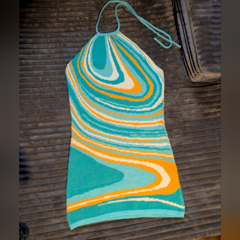 Backless Halter Dress in Turquoise and Orange